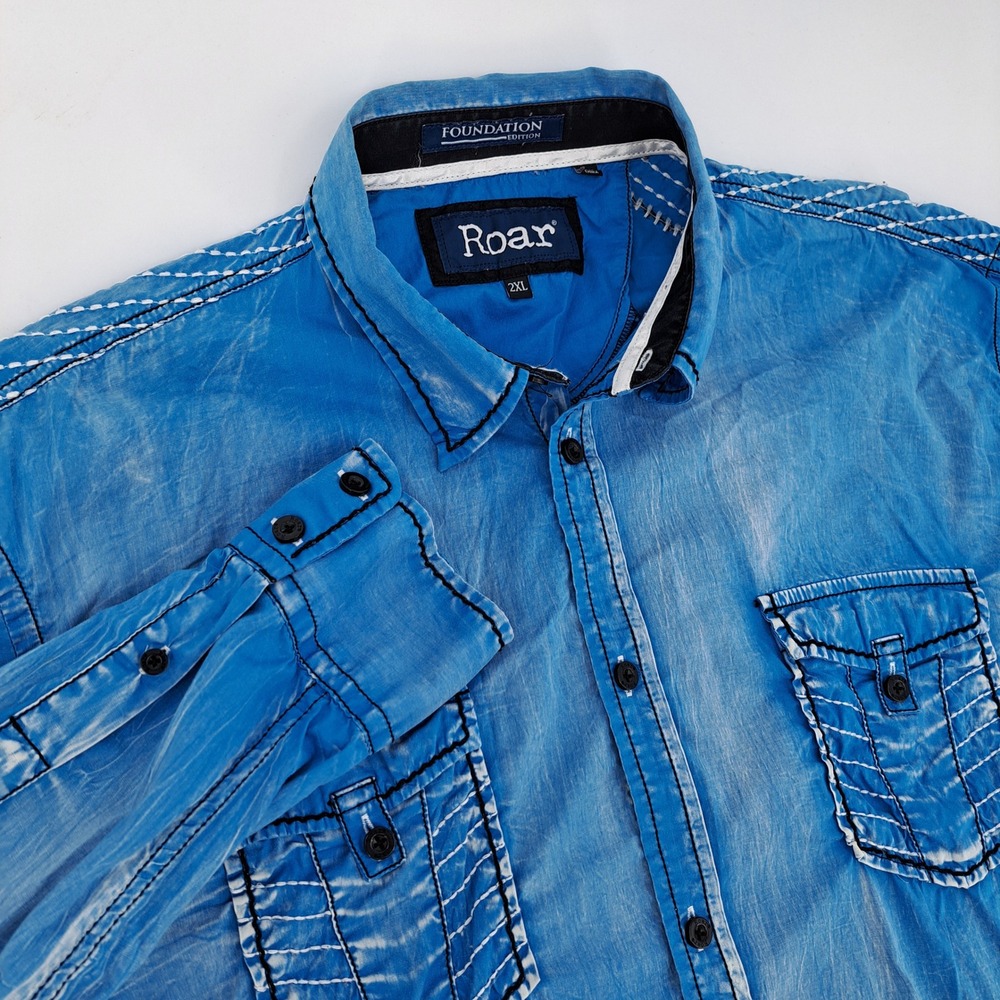 Roar Foundation Edition Shirt Mens 2XL Cotton Blue Acid Wash Contrast Stitching